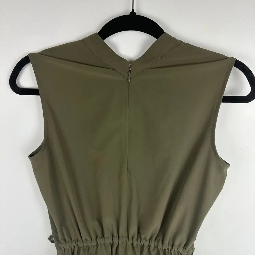 Calvin Klein Womens Sleeveless Cinched Waist Tie V-Neck Casual Green Dress 2